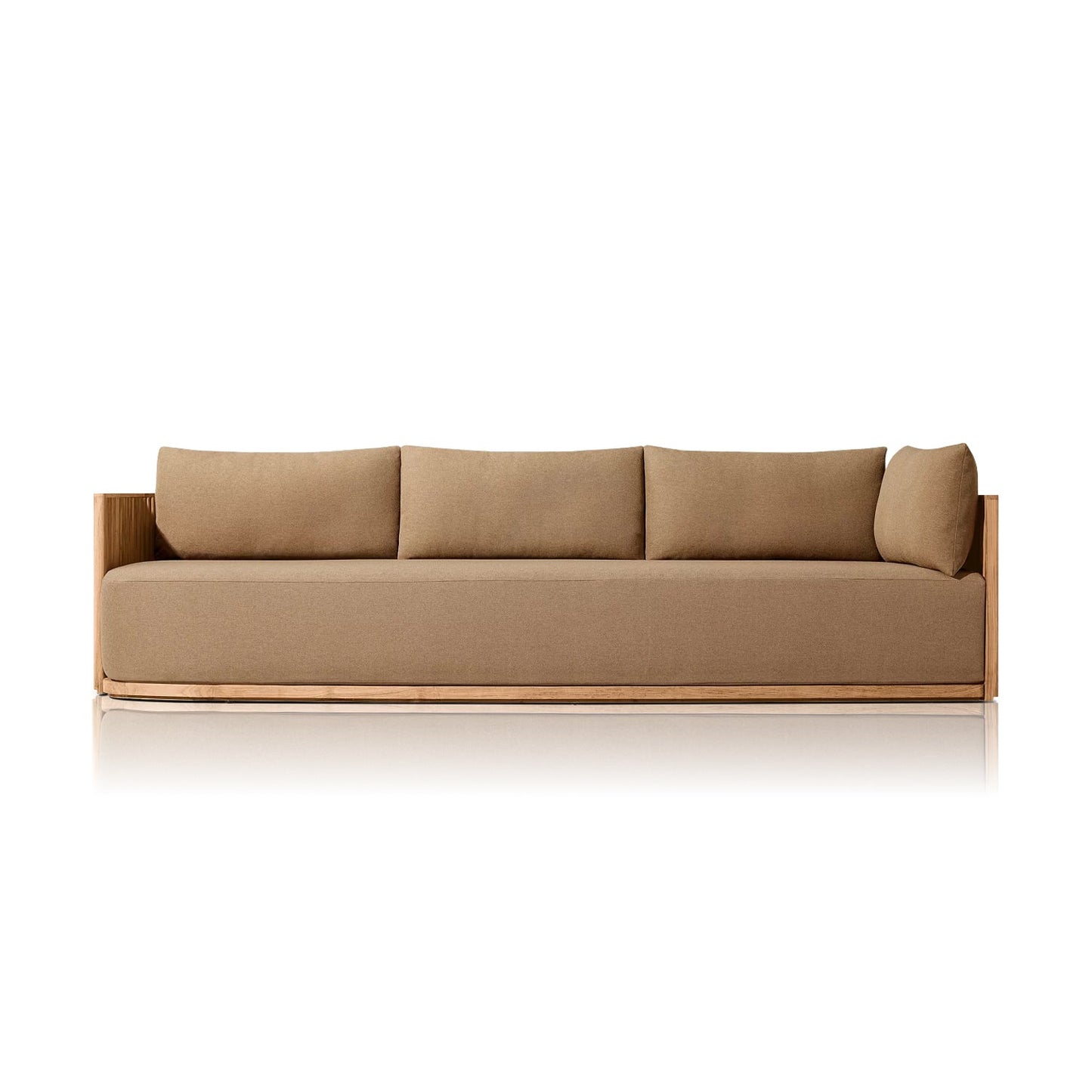 The Coastal Harmony by Landmark Decor is a modern sofa with a minimalist design, featuring an all-weather wooden frame and upholstered in light brown fabric. It includes four large weather-resistant backrest cushions, seamlessly blending style and durability against a plain white background.