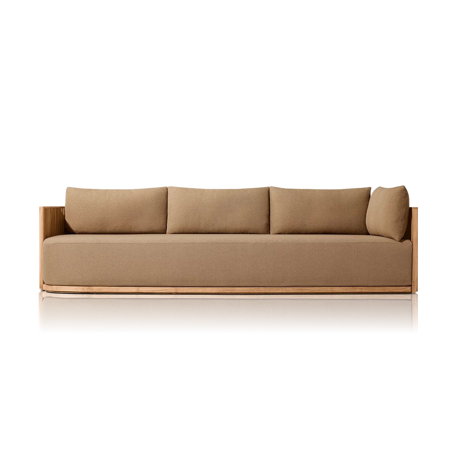 The Coastal Harmony by Landmark Decor is a modern sofa with a minimalist design, featuring an all-weather wooden frame and upholstered in light brown fabric. It includes four large weather-resistant backrest cushions, seamlessly blending style and durability against a plain white background.