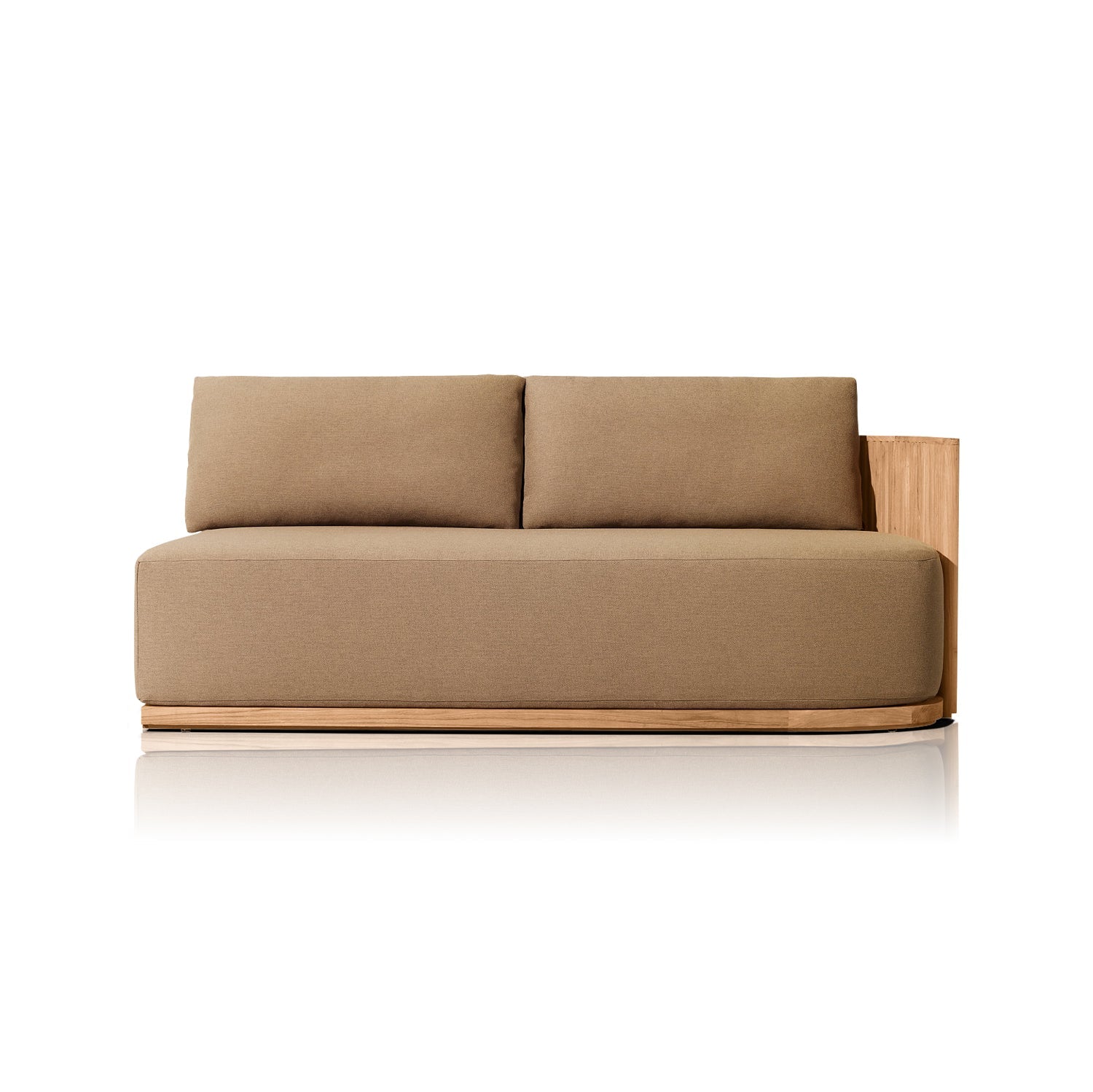 The Coastal Harmony from Landmark Decor is a sleek, modern beige sofa with two large cushioned backrests on a wooden base. Its minimalist design features weather-resistant cushions and a subtle wooden panel accent, perfect for indoor or luxurious outdoor settings.