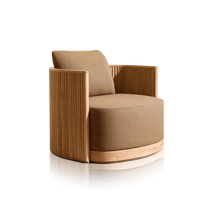 The Coastal Harmony by Landmark Decor is a modern armchair with a curved wooden frame and tan fabric upholstery. It features a smooth cylindrical design, cushioned seat and backrest, evoking luxurious outdoor sofa comfort against a crisp white background.