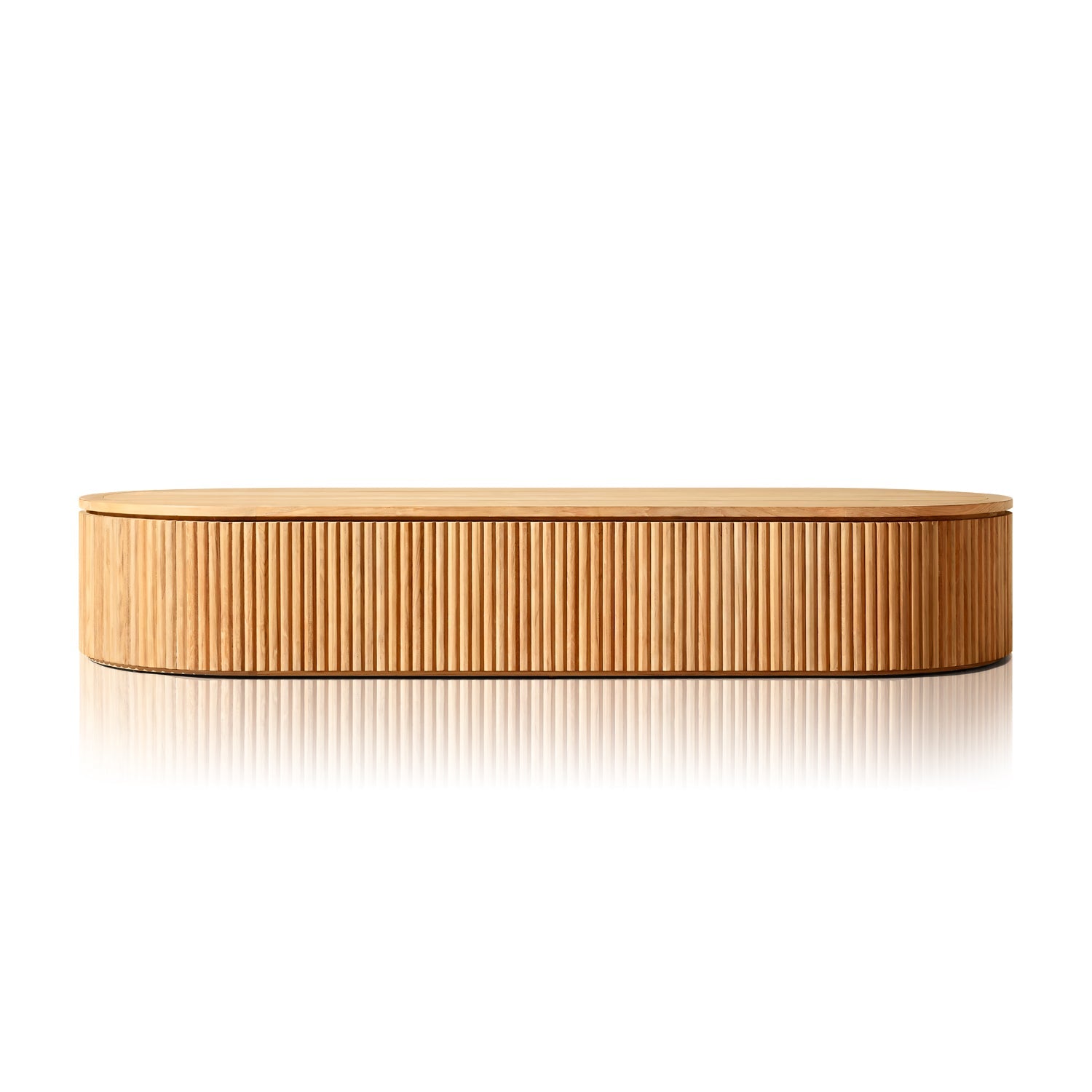 The Coastal Harmony by Landmark Decor is an oval wooden table featuring ribbed sides, a smooth surface, and a minimalist design with natural wood finish, ideal for pairing with luxurious outdoor sofas and all-weather frames for a seamless patio aesthetic.