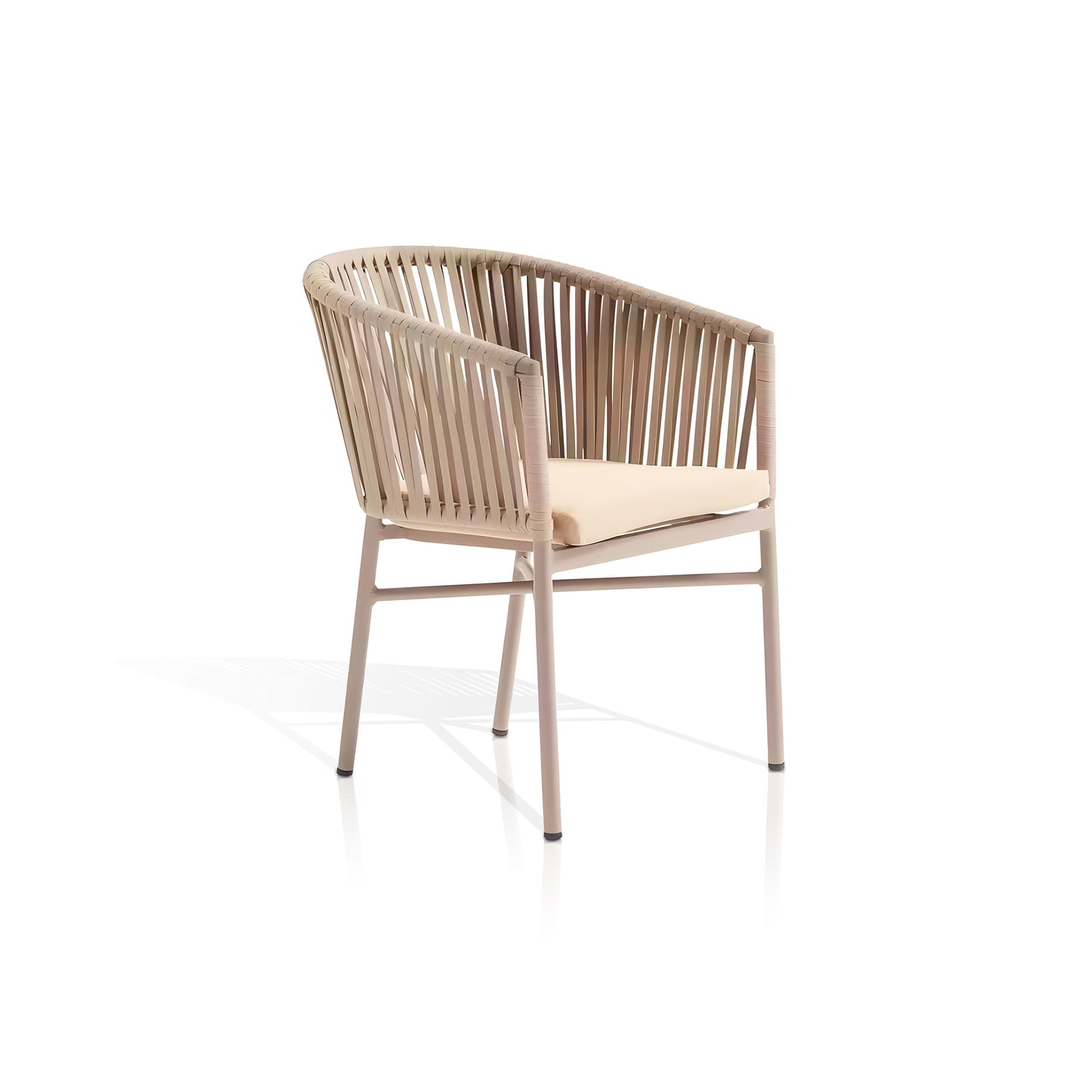 The St. Tropez Collection by Landmark Decor: A wooden chair with a woven backrest and seat cushion in an angled view, ideal for alfresco dining. It boasts slender legs, a light neutral color scheme, and is crafted from weather-resistant materials for a modern, minimalist look.