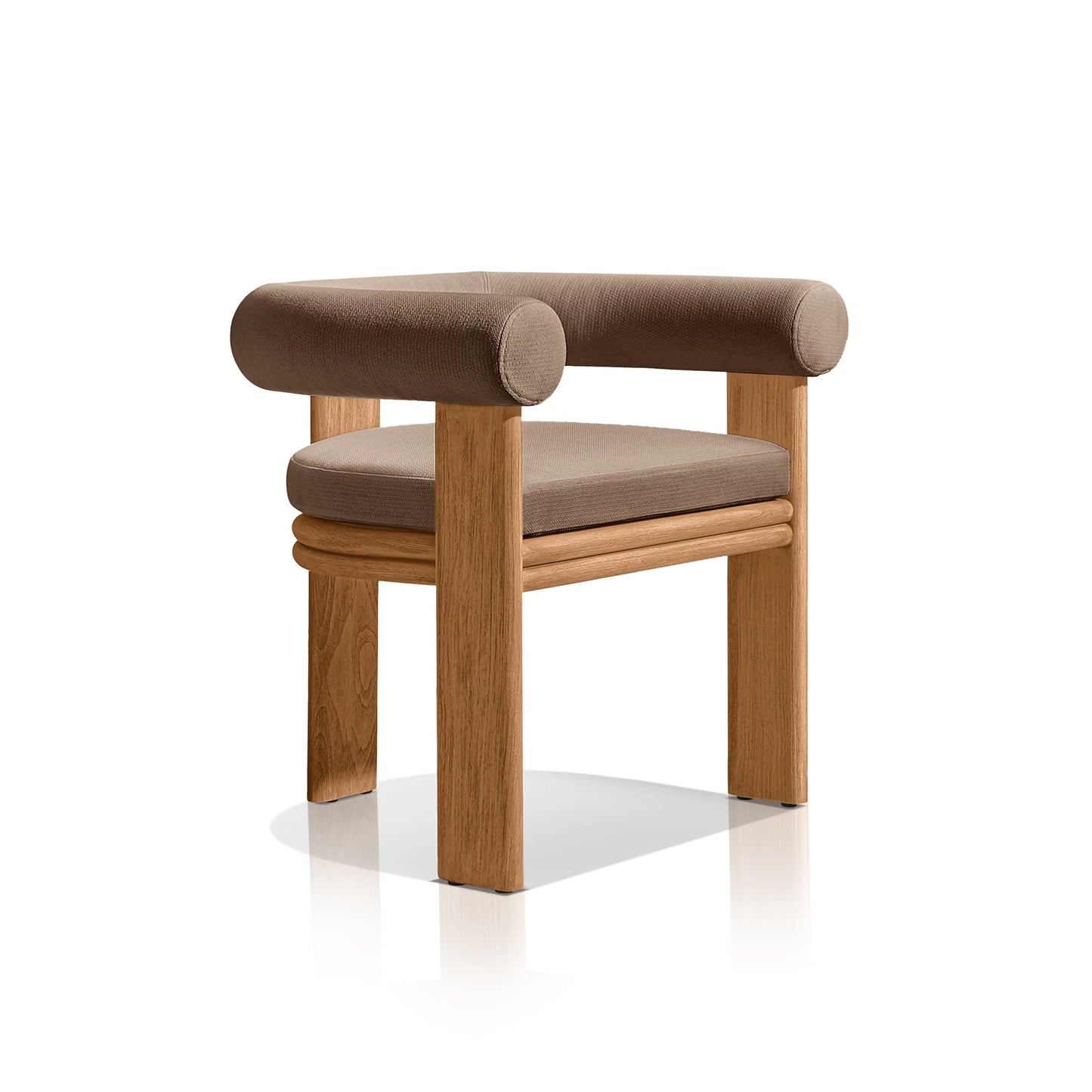 The Amber Ridge Collection by Landmark Decor offers a modern chair with a light brown fabric seat and backrest, ideal for alfresco dining. It has cylindrical armrests and smooth, light wood legs made from weather-resistant materials for a minimalist style.