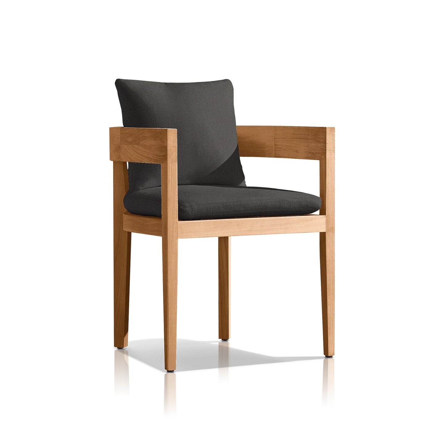 The Landmark Decor Summer Solstice Collection features a wooden chair with light brown frame and dark gray cushioned seat and backrest, showcasing a modern minimalist design. Crafted from weather-resistant materials, its perfect for alfresco dining. The chair elegantly reflects on a white surface.