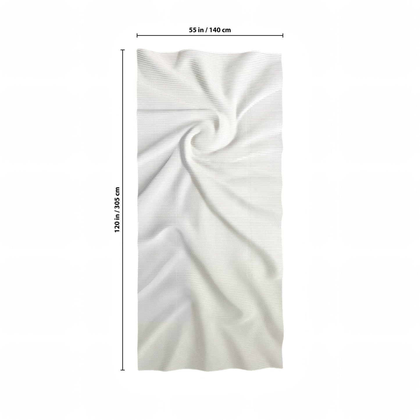 The Nova Wall Art - Big by Landmark Decor is a white rectangular fabric (55" x 120"; 140 cm x 305 cm) with a central swirl pattern, shown laid flat as a modern decorative panel with dimensions marked above and to the left.