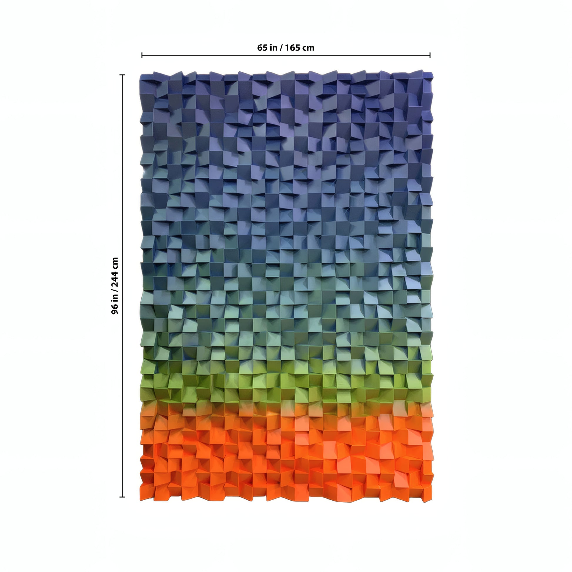 The Flux Wall Art by Landmark Decor is a rectangular panel featuring multicolored 3D geometric shapes that shift from blue to orange, measuring 65 x 96 in (165 x 244 cm)—a striking addition to luxury modern interiors.