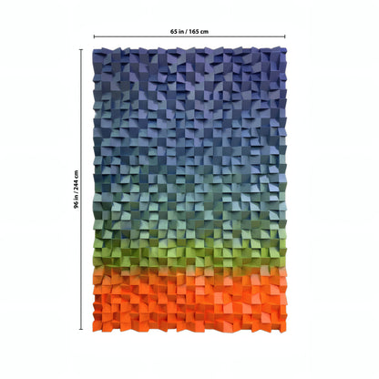 The Flux Wall Art by Landmark Decor is a rectangular panel featuring multicolored 3D geometric shapes that shift from blue to orange, measuring 65 x 96 in (165 x 244 cm)—a striking addition to luxury modern interiors.