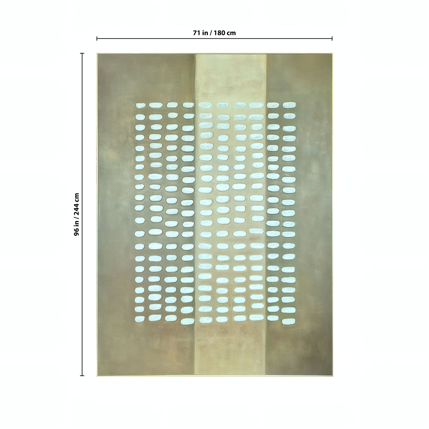 Pulse Wall Art by Landmark Decor features a grid of white ovals on a brown and beige background. Measuring 71" x 96", this modern panel is ideal for enhancing any contemporary interior space.