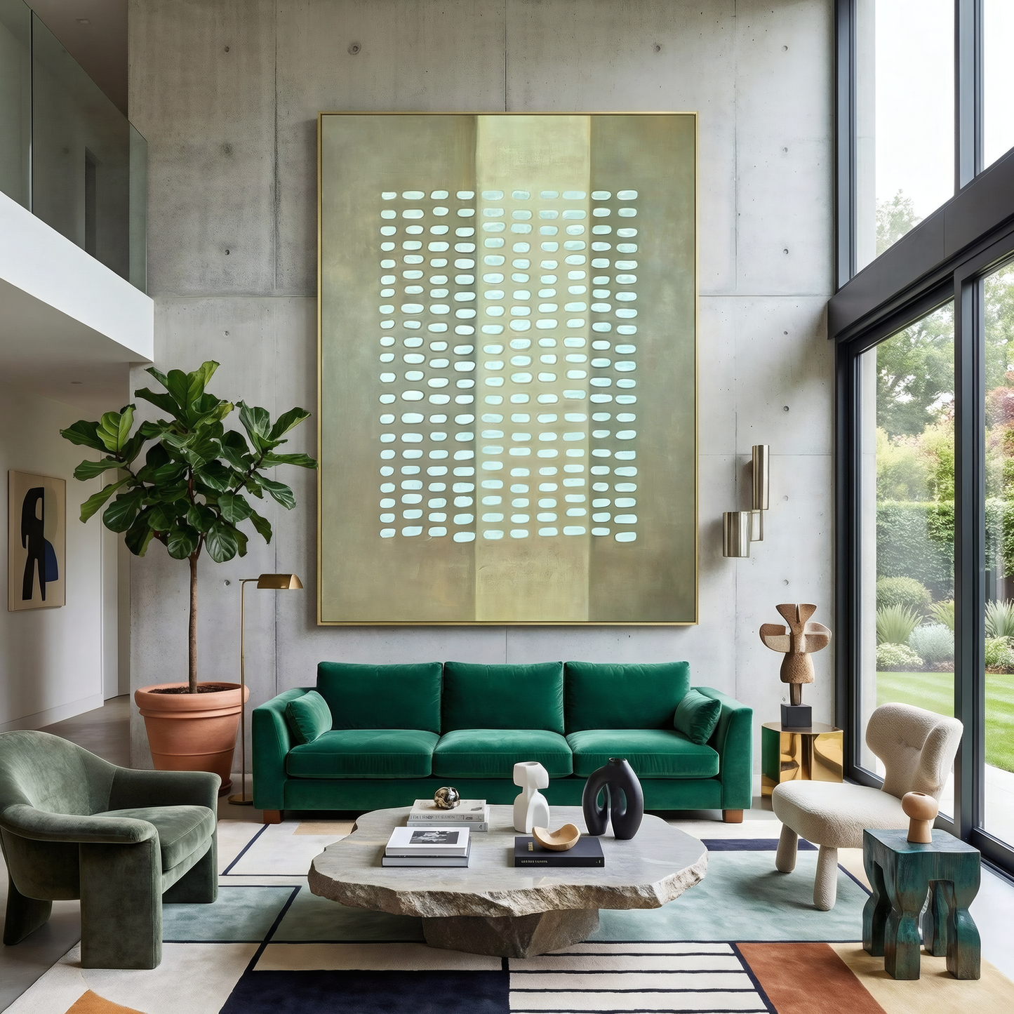 Modern decor shines in this living room with a green velvet sofa, the Landmark Decor Pulse Wall Art, a geometric coffee table, an indoor plant, and floor-to-ceiling windows overlooking a lush garden.