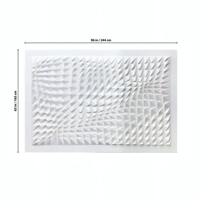 The Vanta Wall Art by Landmark Decor features a white rectangular design with repeating triangular patterns, perfect as a modern decorative panel. Dimensions: 96 in (244 cm) wide x 65 in (165 cm) tall, shown above and beside the artwork.