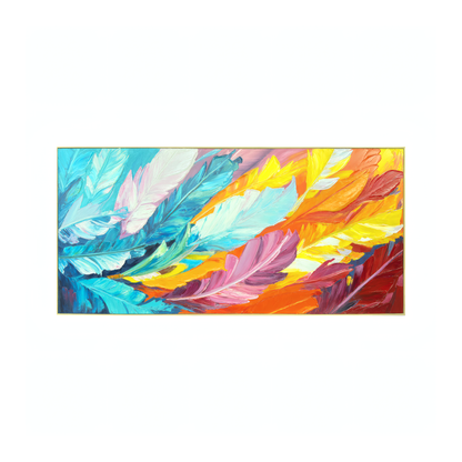 The Orbit Wall Art by Landmark Decor showcases overlapping blue, pink, yellow, orange, and red feathers on white—an eye-catching decorative panel ideal for enhancing modern interiors.