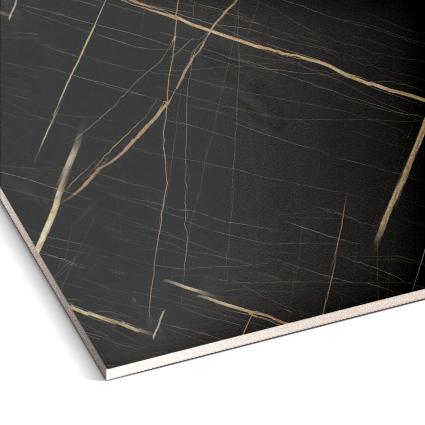 Close-up of Landmark Decor’s Midnight Gold Marble Durable PVC Wall, featuring black marble with thin white and gold veins—perfect for sophisticated wall cladding or decorative panels in any space.