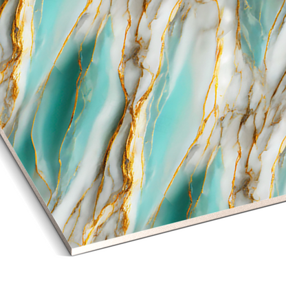 A close-up of Landmark Decor's Aqua Flame Marble Durable PVC Wall shows its turquoise, white, and gold wavy marble design—ideal for decorative panels or stylish wall accents.