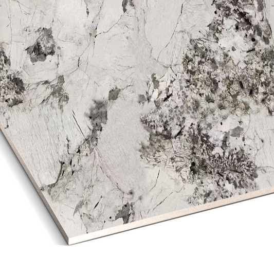 A close-up of Landmark Decor’s Winter Moss Marble Durable PVC Wall shows a light gray and white marbled surface with dark gray and black mineral patterns, ideal for decorative wall panels or modern marble cladding.