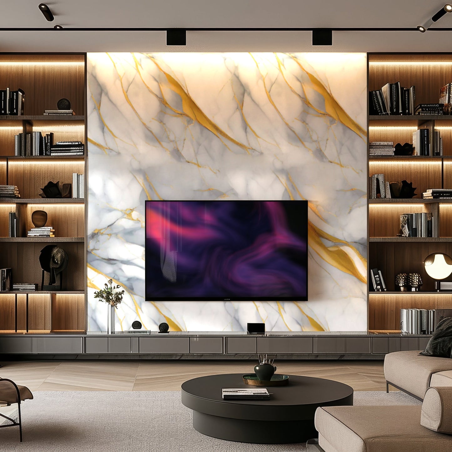 Modern living room featuring a Landmark Decor Golden Vein Marble Durable PVC Wall accent, built-in bookshelves, wall-mounted TV, and a round coffee table in the foreground.