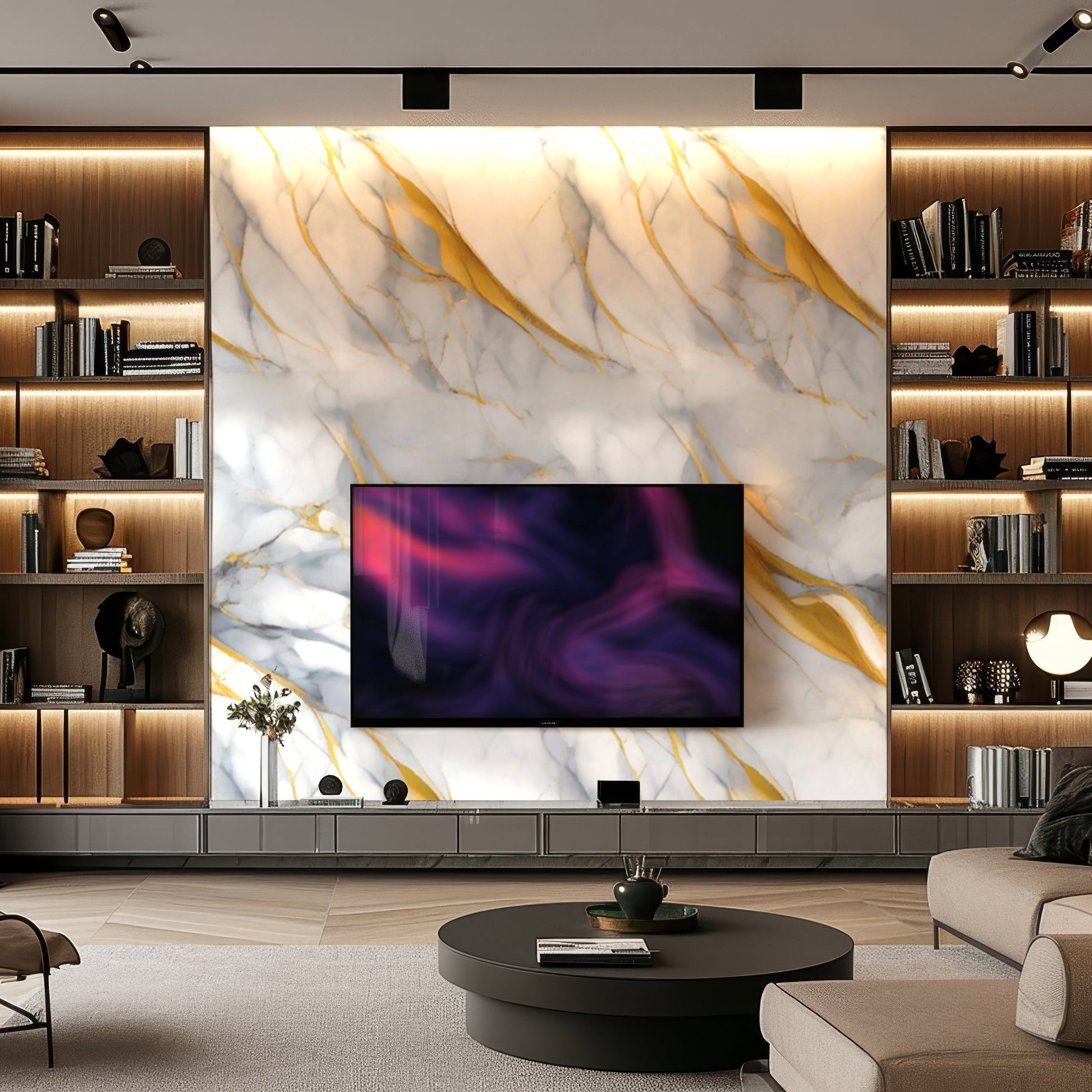 Modern living room featuring a Landmark Decor Golden Vein Marble Durable PVC Wall accent, built-in bookshelves, wall-mounted TV, and a round coffee table in the foreground.