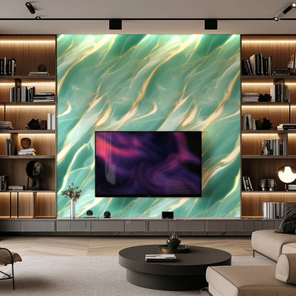 A modern living room with built-in wooden shelves, a large abstract green and gold wall panel, a mounted flat-screen TV, and Landmark Decor's Aqua Whisper Marble Durable PVC Wall cladding.