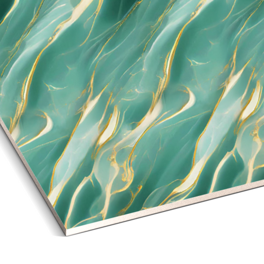 A close-up of Landmark Decor's Aqua Whisper Marble Durable PVC Wall, showcasing a teal and gold marbled pattern with wavy lines—perfect for decorative wall panels or column cladding.