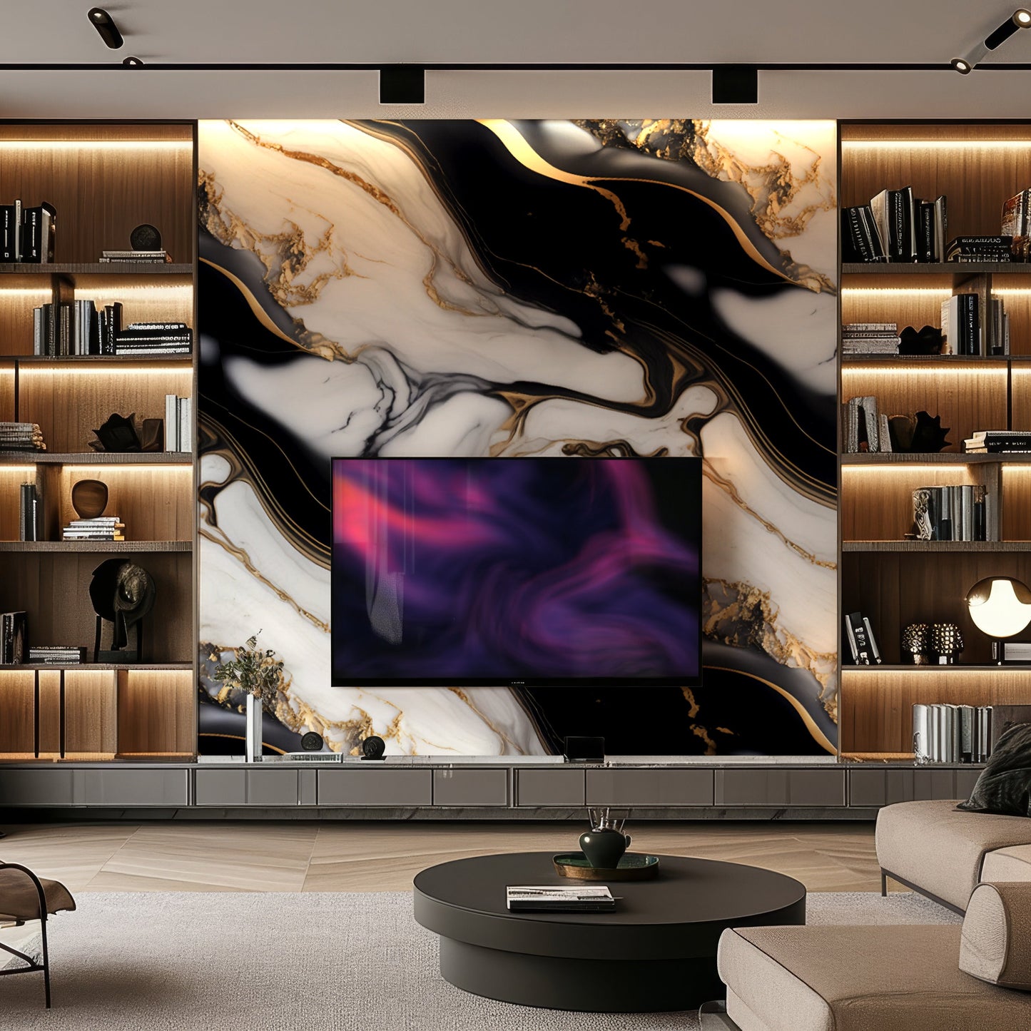 Modern living room with a large accent wall featuring Landmark Decor's Luxe Noir Marble Durable PVC Wall panels, built-in wooden shelves, a round coffee table, and a wall-mounted TV—perfect for stylish interiors.