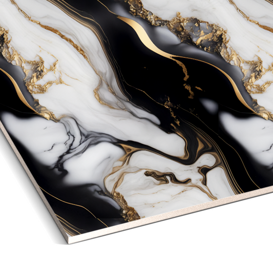 A close-up of the Luxe Noir Marble Durable PVC Wall by Landmark Decor reveals a rectangular surface with black, white, and gold marble pattern—swirling veining ideal for chic decorative wall panels in modern interiors.