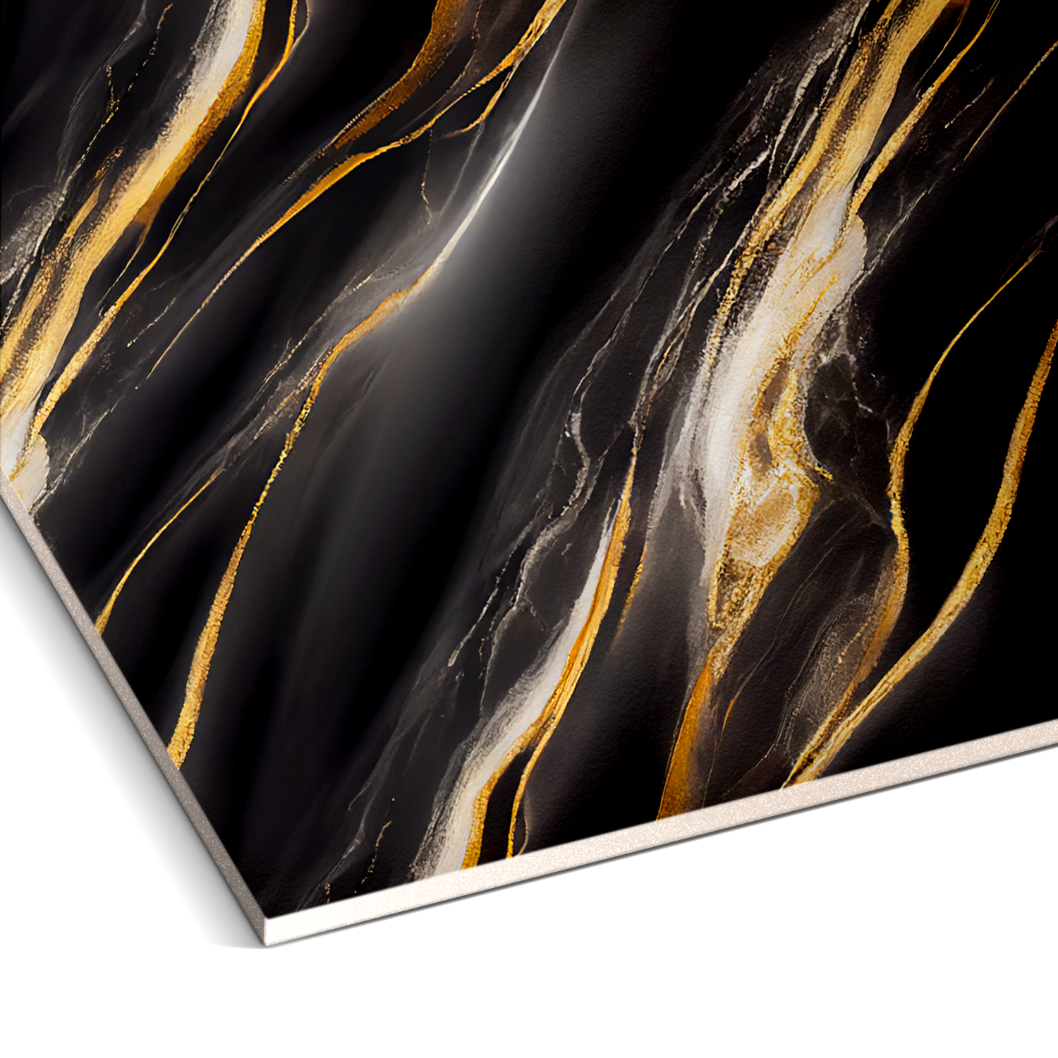 A close-up of the Landmark Decor Galaxy Flow Marble Durable PVC Wall displays a black, gold, and white marbled pattern—perfect for decorative or stylish wall panels in modern interiors.