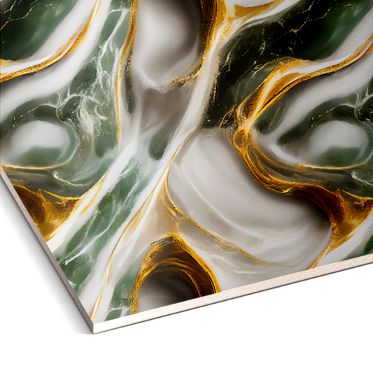 Close-up of the Jade Eclipse Marble Durable PVC Wall by Landmark Decor, featuring a green, white, and gold marbled pattern that mimics polished stone—ideal for stylish decorative panels or marble wall cladding.