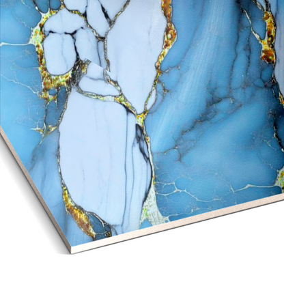 Close-up of Royal Azure Marble Durable PVC Wall by Landmark Decor, showing a blue marble pattern with gold and white veins—perfect for modern interiors as stylish PVC marble wall or decorative panels.