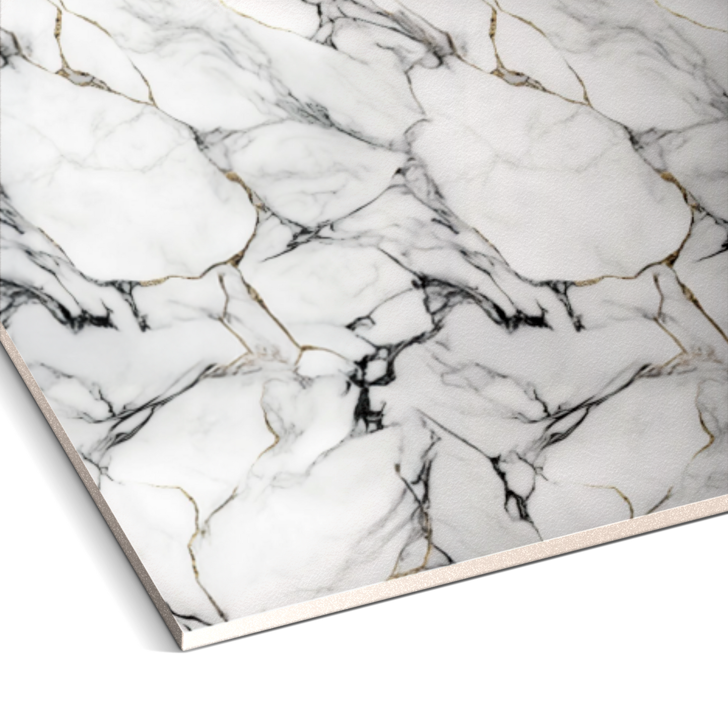 Close-up of the Onyx Snow Marble Durable PVC Wall by Landmark Decor—a rectangular slab with a white marble surface and gray-gold veining. Perfect for stylish wall panels or elegant marble cladding in modern interiors.