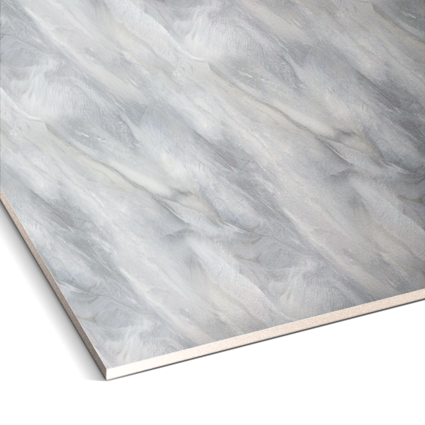 Close-up of the corner of Landmark Decor’s Cloudstone Pearl Marble Durable PVC Wall panel, featuring a gray and white marbled texture—ideal as a decorative wall solution.