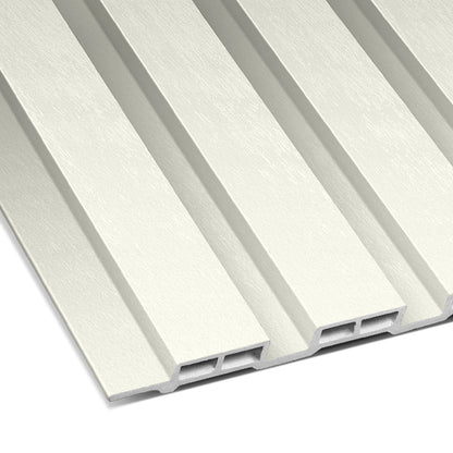 Close-up of Landmark Decor Alabaster White Thin Interior WPC Wall Panels showing interlocking, rectangular, light-colored panels with a textured surface and hollow channels.