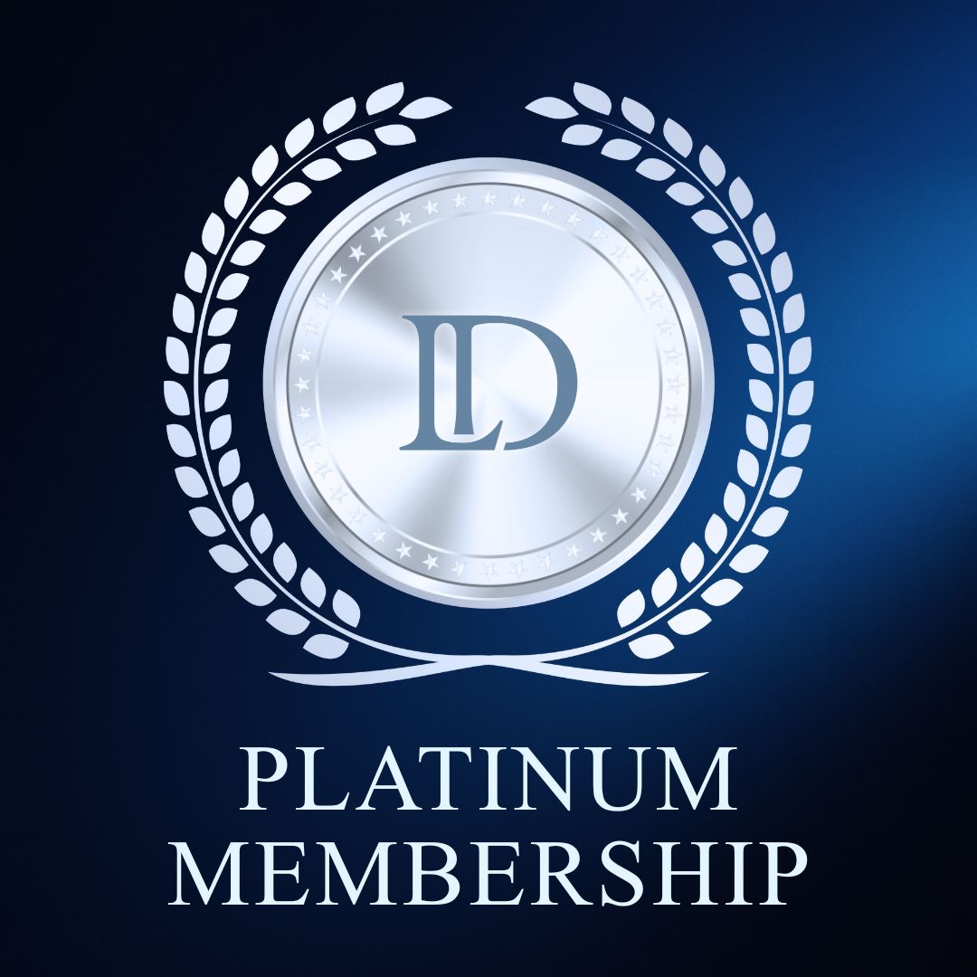 A platinum LD emblem encircled by laurel branches, representing Landmark Decor's Platinum Membership, appears above the words "Platinum Membership" on a blue background.