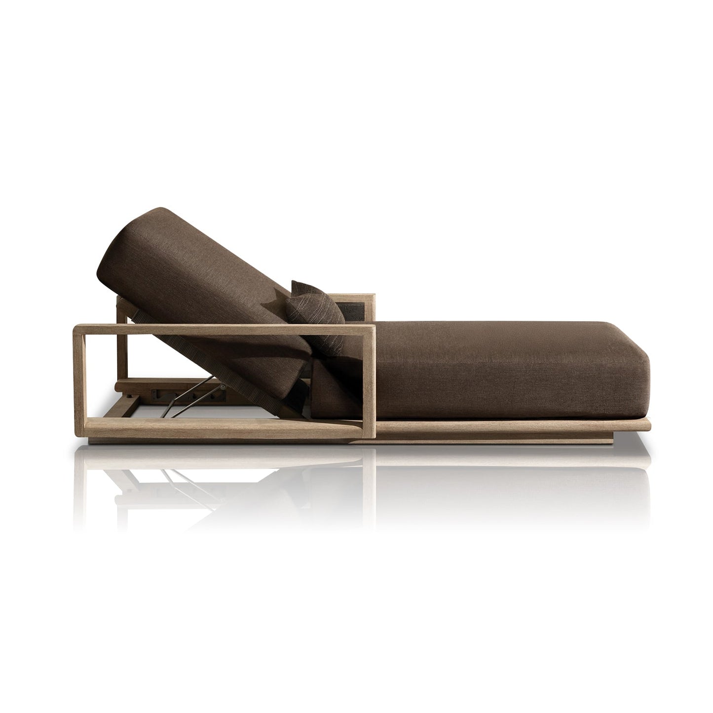 Side view of the Elysian Summit Lounger Set by Landmark Decor— a brown, modern recliner with a wooden frame and matching cushion. Its sleek design and minimalist aesthetic enhance its luxurious appeal, making it perfect for outdoor living spaces.