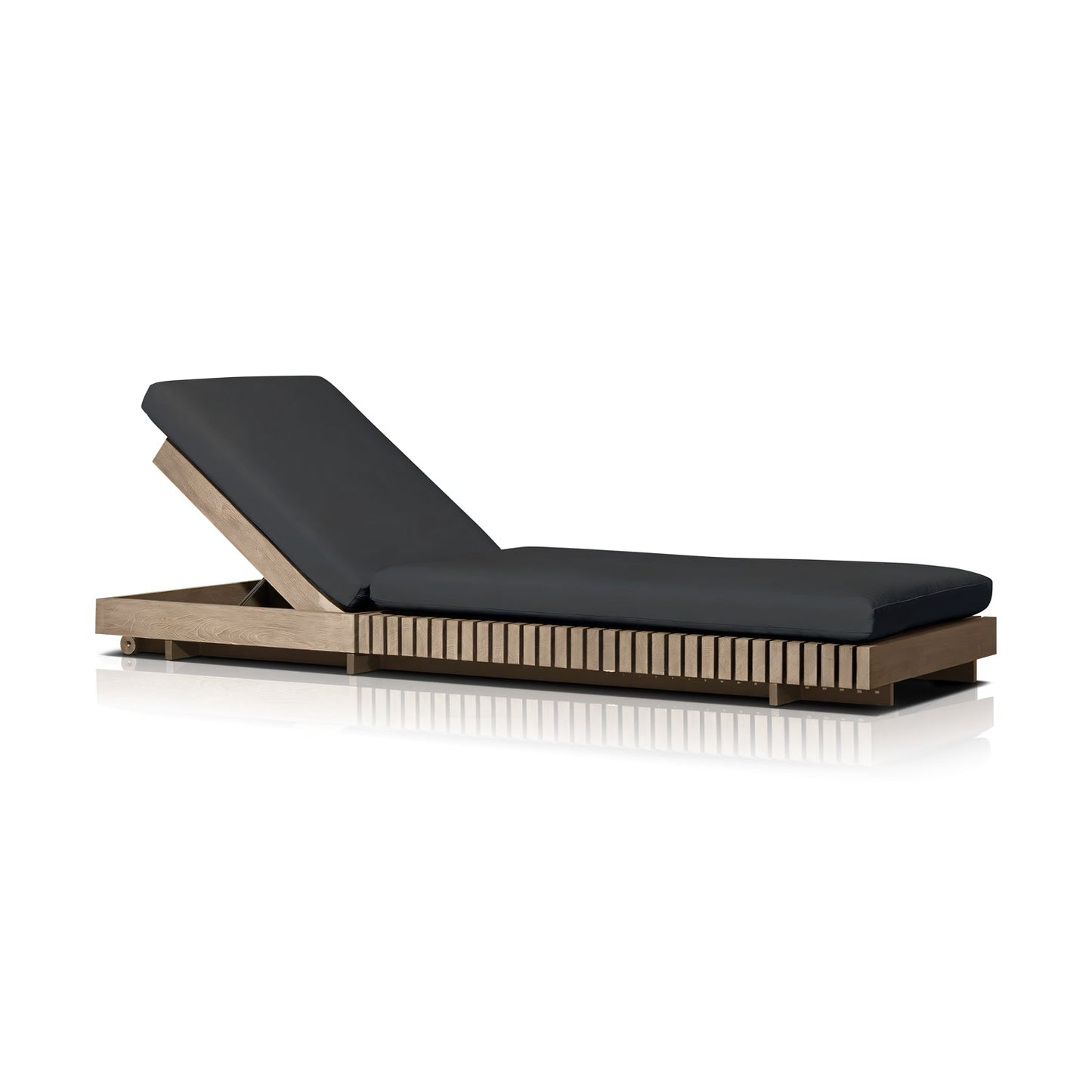The Golden Coast Lounger Set by Landmark Decor is ideal for outdoor living, featuring a minimalist design with a wooden frame and black cushioned seat. Its adjustable backrest offers multiple reclining options, while the wooden slats detail boosts its modern, sleek look.