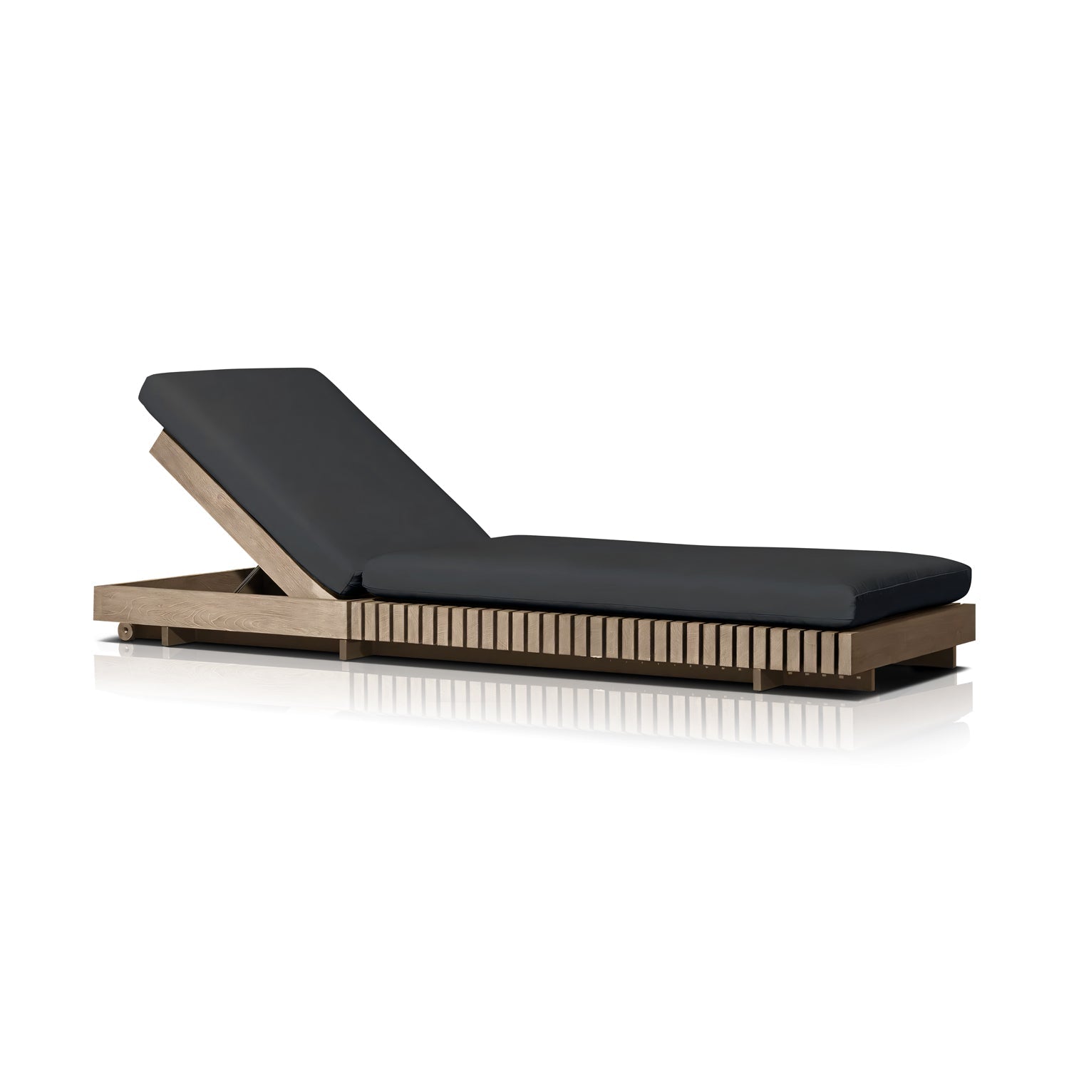 The Golden Coast Lounger Set by Landmark Decor is ideal for outdoor living, featuring a minimalist design with a wooden frame and black cushioned seat. Its adjustable backrest offers multiple reclining options, while the wooden slats detail boosts its modern, sleek look.