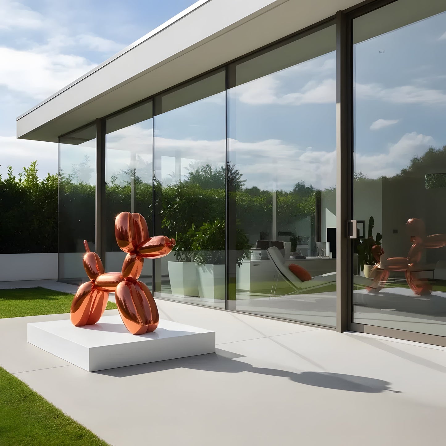 A shiny Balloon Dog sculpture by Landmark Decor sits on a white pedestal outside a modern glass building, surrounded by greenery, embodying playful and artistic decor.