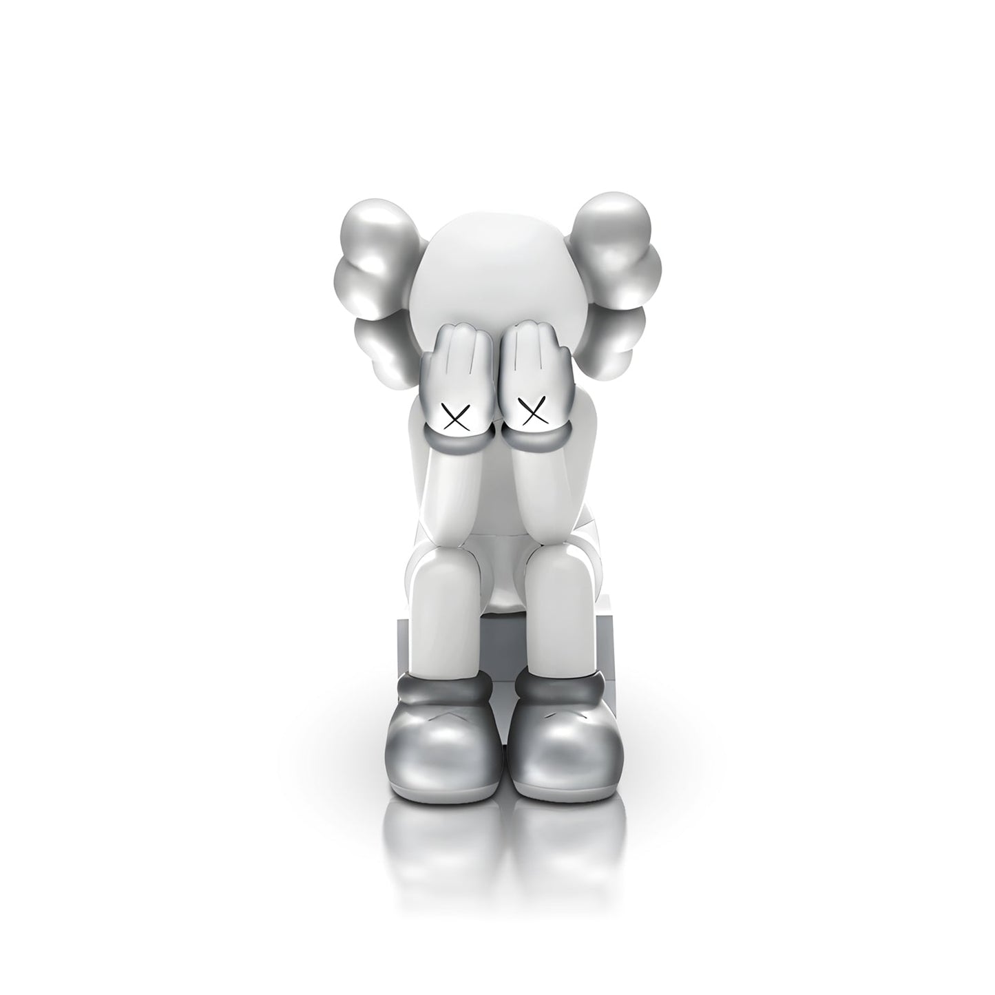 Veiled Thoughts - Electroplated by Landmark Decor features a gray and white cartoon figure with its head down, hands covering its face, and X marks on the hands—an artistic sculpture perfect for standout interior decor.