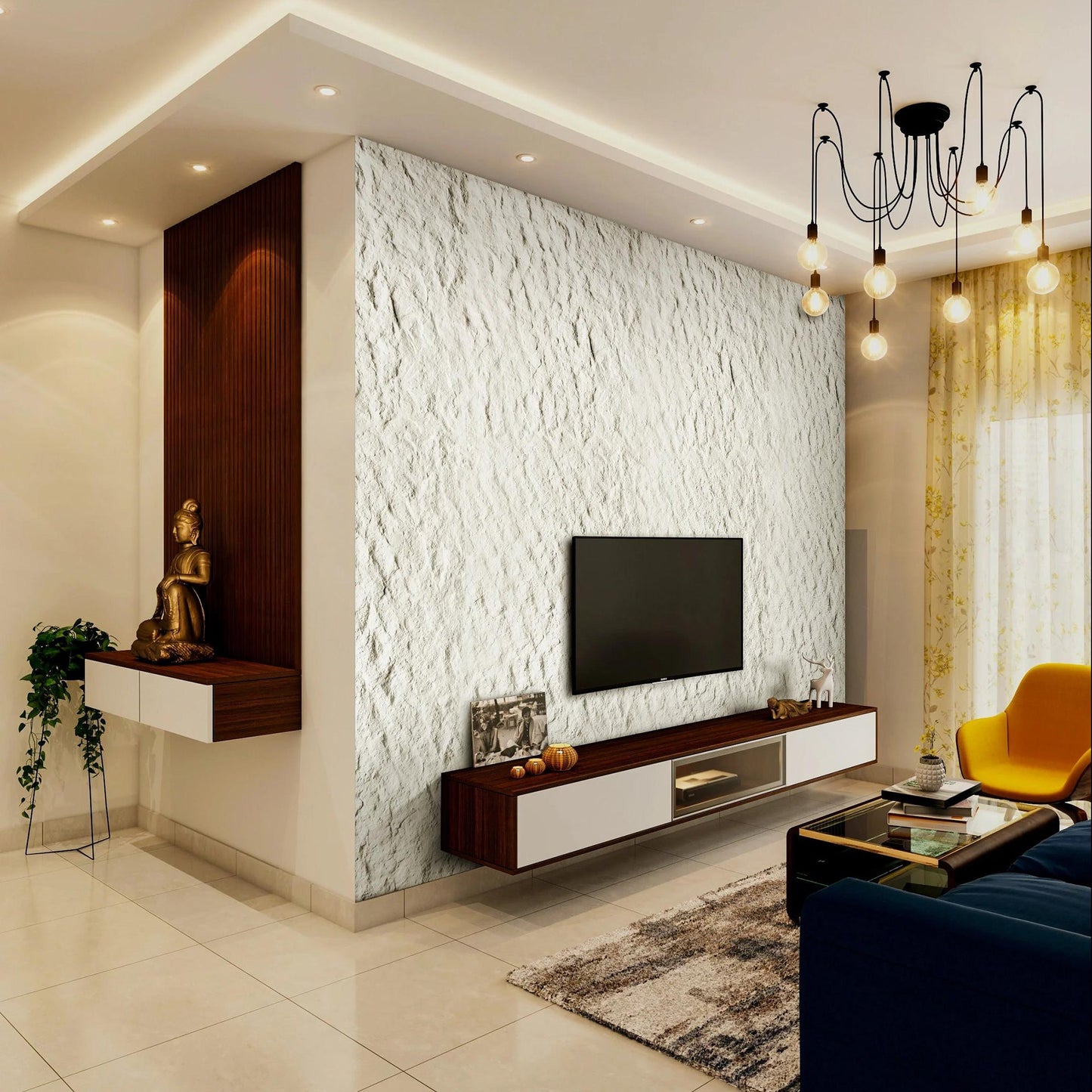 Modern living room featuring a textured accent wall crafted from Landmark Decor’s Star Moon Stone Sheet - Black flexible veneer, with a mounted TV, wooden floating console, decorative pieces, and contemporary lighting.