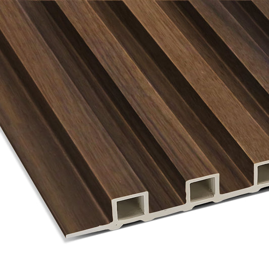 Close-up of Landmark Decor’s Dark Walnut Wood Texture WPC Fluted Slat Wall Panel, featuring hollow channels and a realistic woodgrain finish—perfect for modern accent walls or stylish interior paneling.