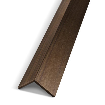 The Landmark Decor Dark Walnut Wood Texture Interior WPC Panel Corner is a brown metal angle trim with a wood grain finish, ideal for protecting panel corners and wall edges—shown on a white background for your next wall project.