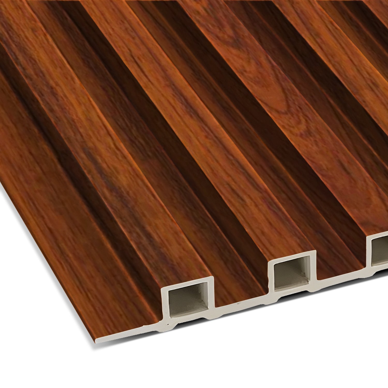Close-up of Landmark Decor’s Red-Brown Fir Wood Texture WPC Fluted Slat Wall Panel, featuring vertical grooves and hollow sections—ideal for stylish accent walls or modern interiors.