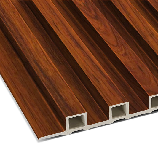 Close-up of Landmark Decor’s Red-Brown Fir Wood Texture WPC Fluted Slat Wall Panel, featuring vertical grooves and hollow sections—ideal for stylish accent walls or modern interiors.