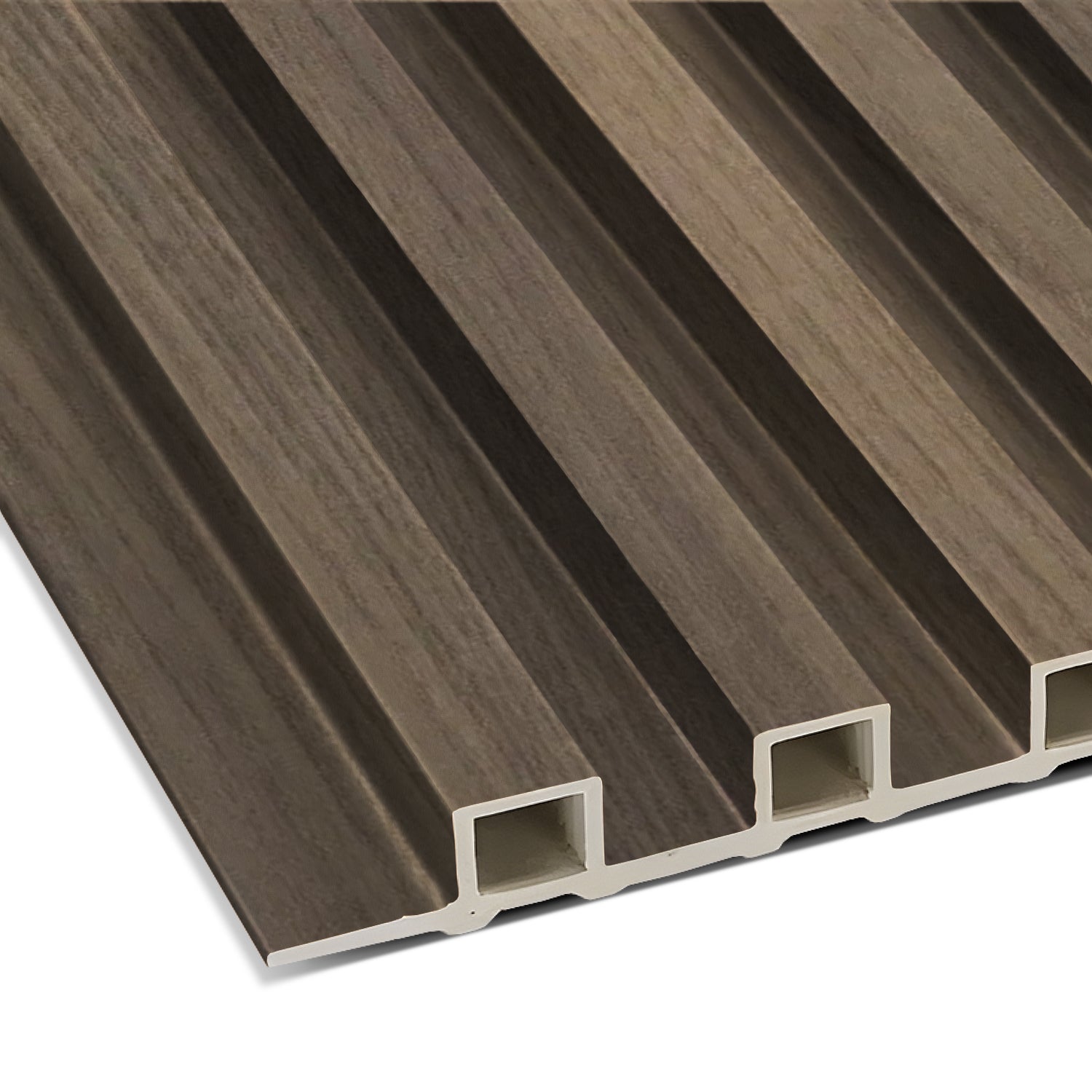 Close-up of the Landmark Decor Cassia Wood Texture WPC Fluted Slat Wall Panel, featuring a brown wood-look finish with parallel grooves and hollow rectangular sections—ideal for accent walls or stylish interiors.