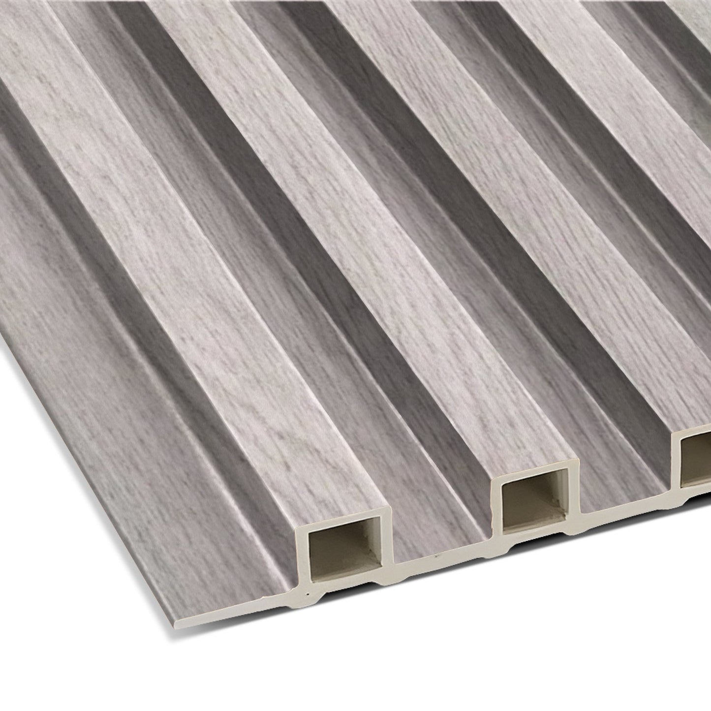 Close-up of Landmark Decor’s Light Driftwood Texture WPC Fluted Slat Wall Panel, featuring a light gray wood-grain finish and hollow rectangular ends—ideal for accent walls or stylish interiors.