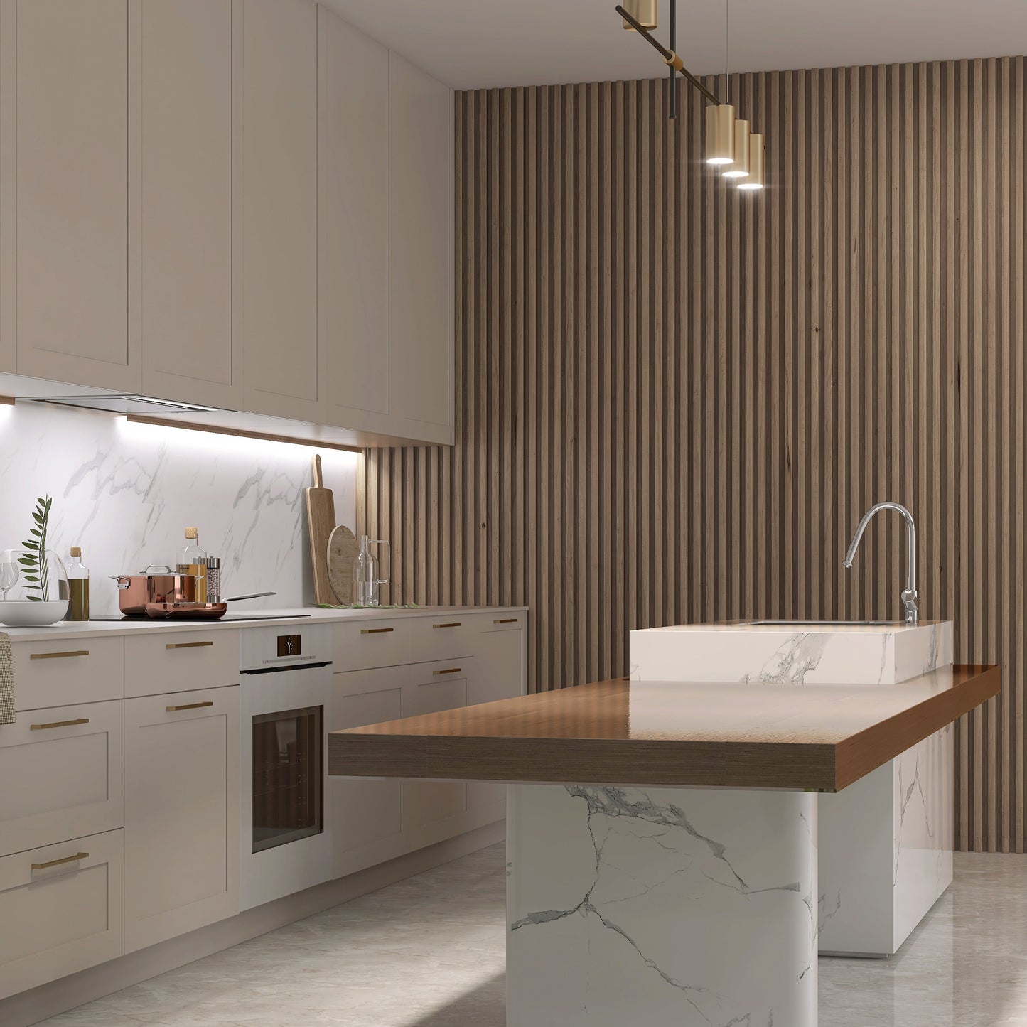 Modern kitchen with white cabinets, marble countertops, an island with a wood top and built-in sink, minimalist pendant lights, and a Landmark Decor Taupe Interior WPC Panel Corner accent wall for unique style.