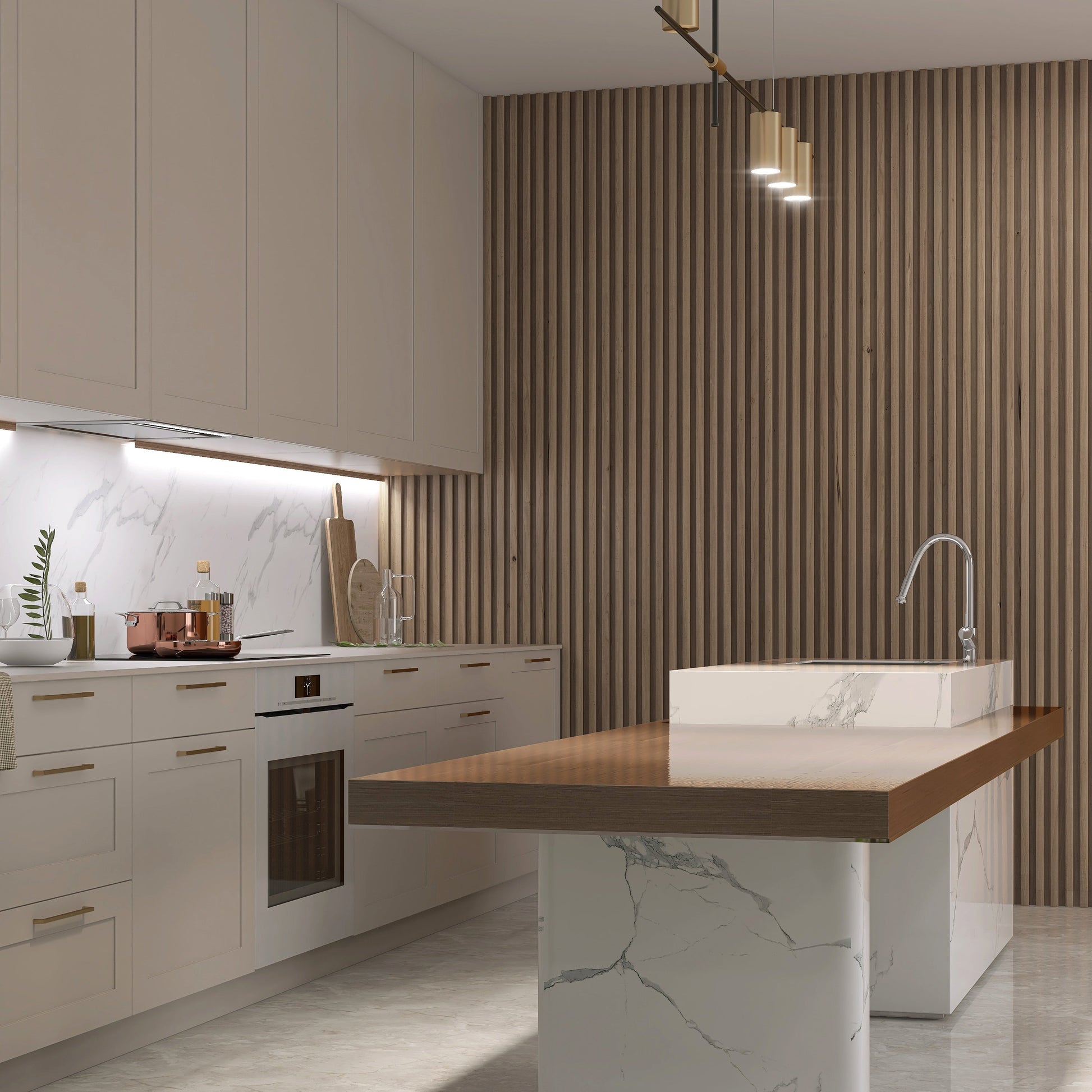 Modern kitchen with white cabinets, marble countertops, an island with a wood top and built-in sink, minimalist pendant lights, and a Landmark Decor Taupe Interior WPC Panel Corner accent wall for unique style.