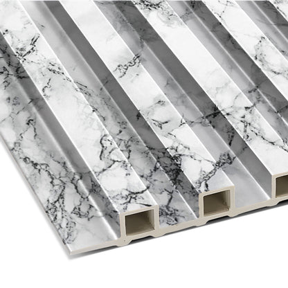 The Landmark Decor White Marble WPC Fluted Slat Wall Panel features a white and gray marble pattern with a grooved 3D texture, ideal for stylish wall cladding or standout accent walls.