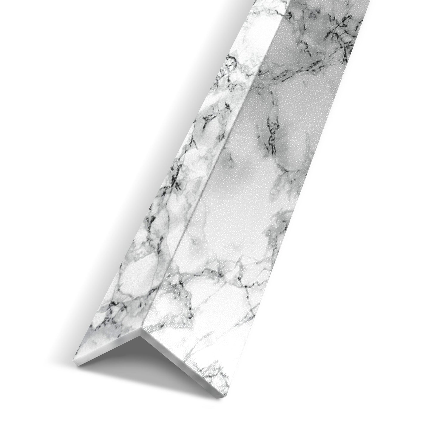 The Landmark Decor White Mable Interior WPC Panel Corner trim piece, featuring a white marble pattern, is displayed against a white background.