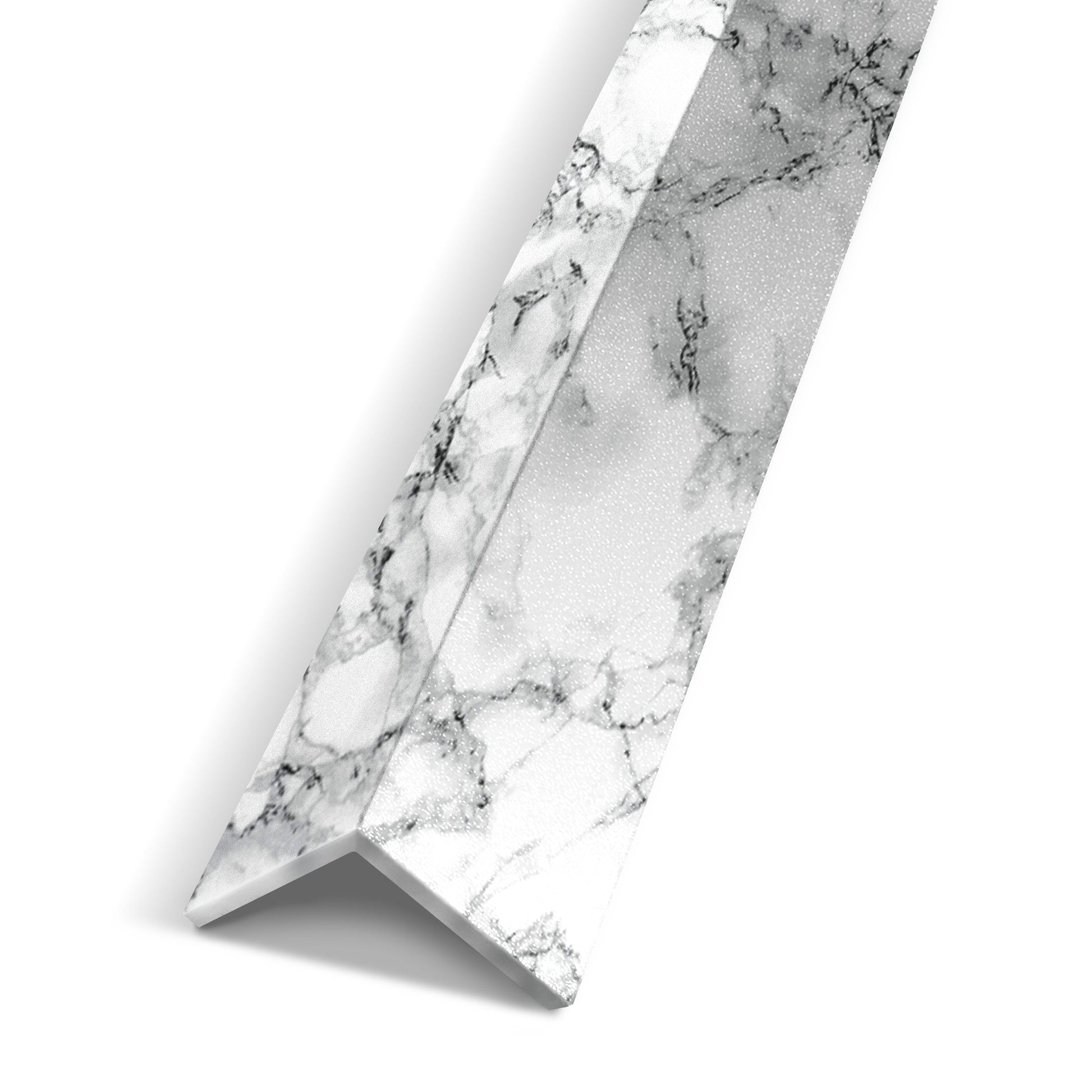 The Landmark Decor White Mable Interior WPC Panel Corner trim piece, featuring a white marble pattern, is displayed against a white background.