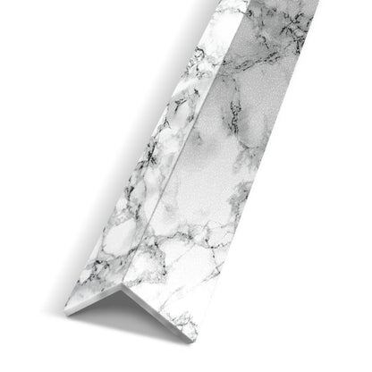 The Landmark Decor White Mable Interior WPC Panel Corner trim piece, featuring a white marble pattern, is displayed against a white background.
