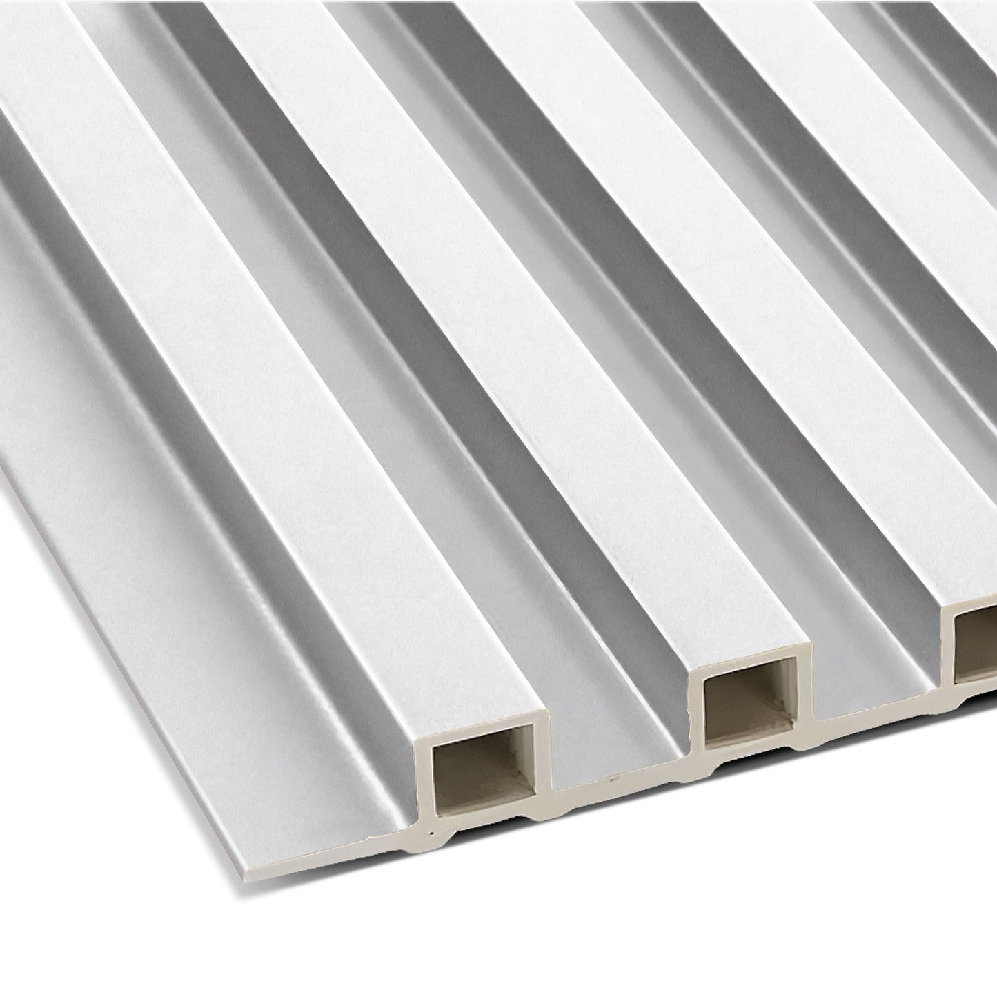 A close-up of Landmark Decor's Paper White WPC Fluted Slat Wall Panel shows its white, rectangular panels with a grooved design—ideal for accent walls or modern cladding.